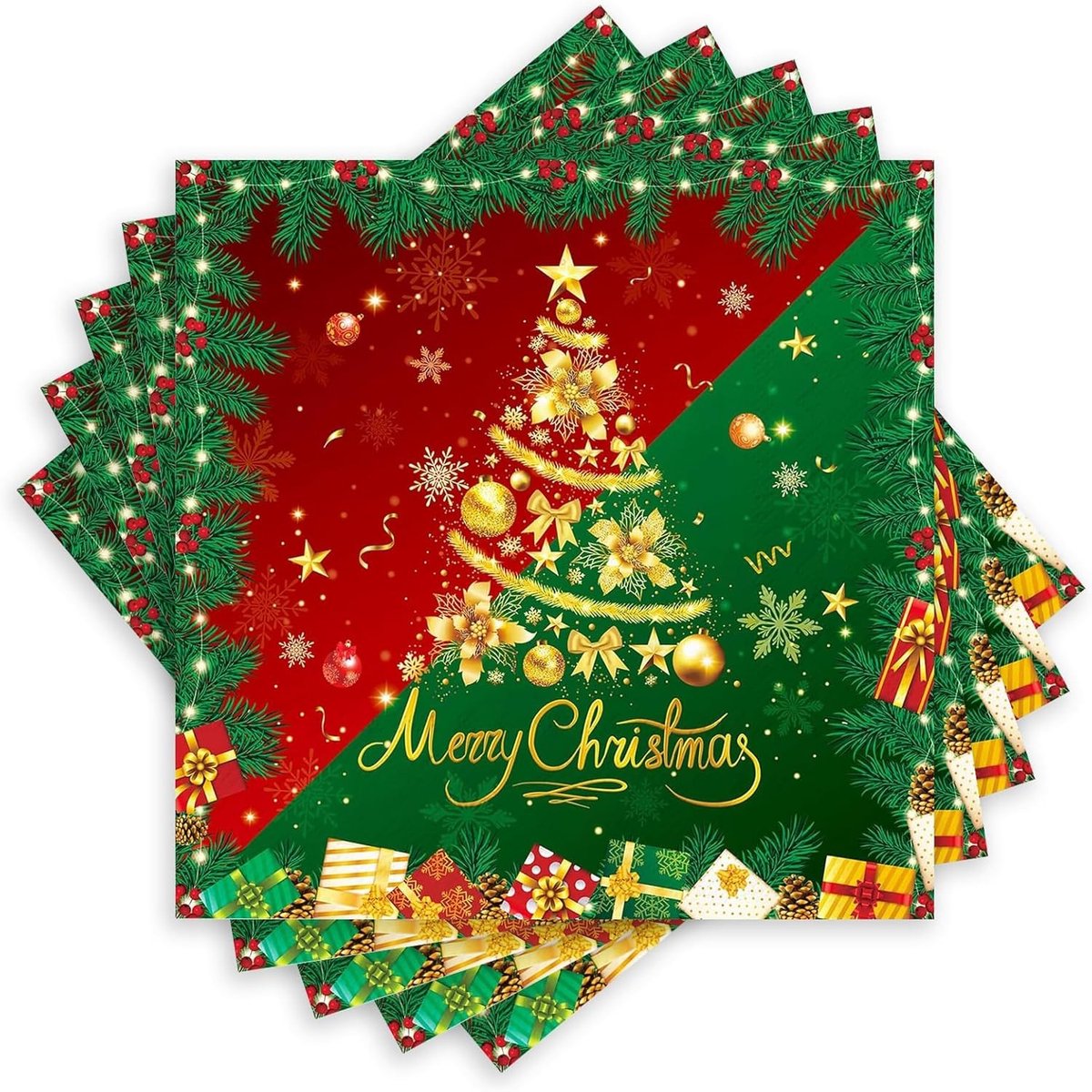 Allecto - Kerstservetten - Feestelijk - Rood Groen - Dennenboom - Goud - 20 stuks - Papier - Kersttafeldecoratie