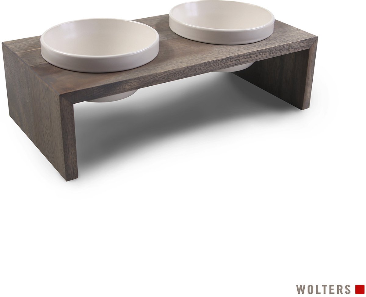 Verhoogde voerbak hond 2x 0,4L – Dubbele hondenvoerbak met grijze houten standaard en 2 keramische bakjes – Ergonomisch & stijlvol
