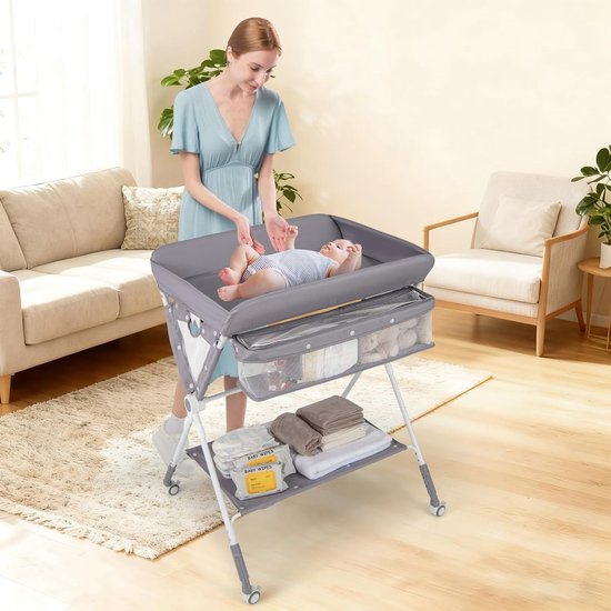 Verschoontafel Baby Inklapbaar - Rugvriendelijk Verstelbaar Design - Met Wielen & Opbergruimte - Waterdicht Aankleedkussen - Baby Commode Opvouwbaar - Luierstation, Aankleedtafel Baby