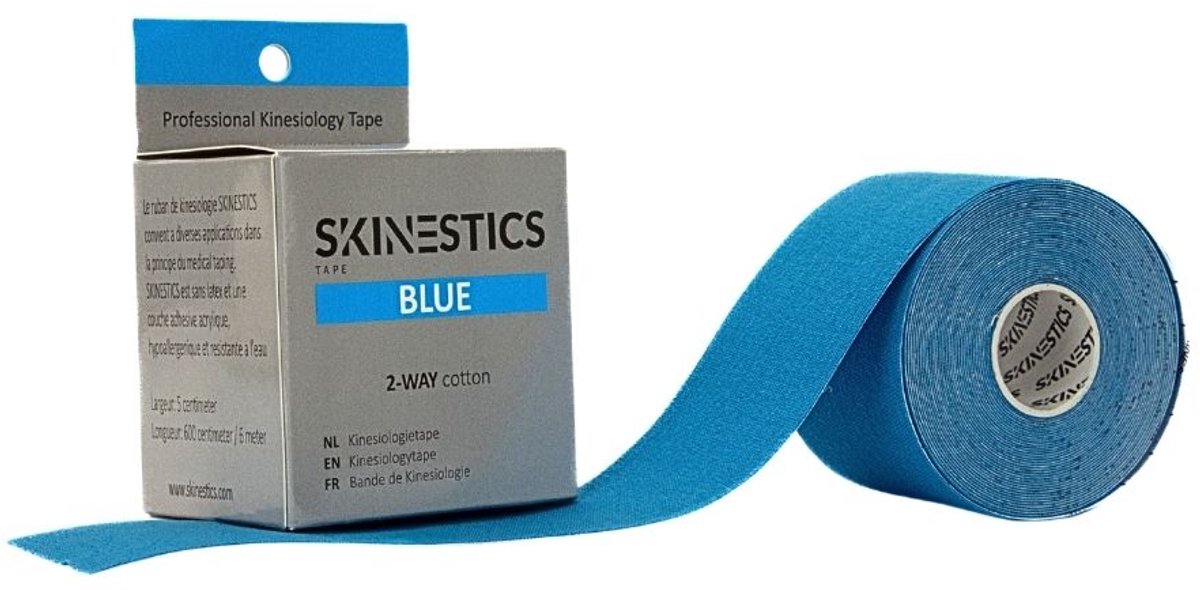 Skinestics Sport tape – Fysio tape – Kleur Blauw – nu 20% langer, 600 cm lang bij 5 cm breed, 170% rekbaar gelijk aan menselijke huid, standaard voorzien van extra sterke lijm, katoen, voor het hele lichaam, spier ondersteuning