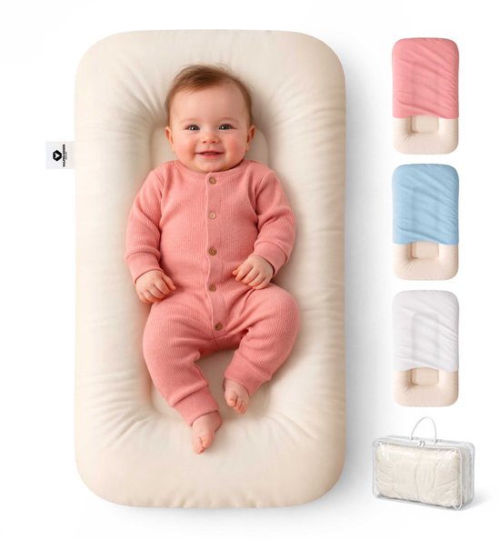 Vulpes Goods® Babycare - Babynestje - Baby Lounger - Zacht & Ademend Babynestje - Incl.3 kleuren hoezen - Wasbare Hoes - Rugondersteuning - Zacht Katoen - 0-24 Maanden