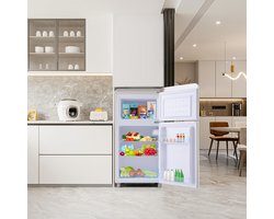 Retro Koelkast Wit - Tweekoers Minikoelkast 72 Liter - Tafelmodel Koelkast met Vriesvak en LED Verlichting - Energieklasse E