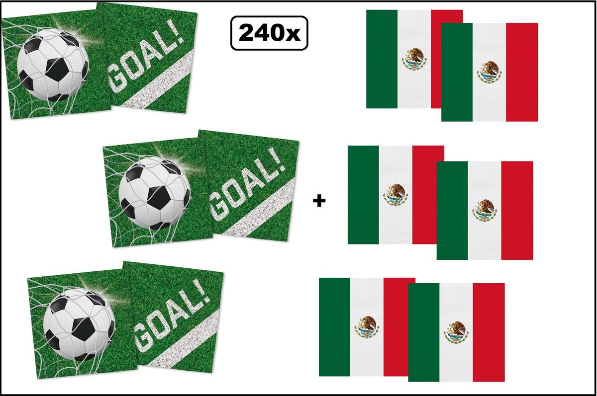 120x Servetten Voetbal 33cm x 33cm + 120x Servetten Mexico 33cm x 33cm - 3 laags - MIX - WK Servet diner eten knoeien restaurant BBQ thema feest verjaardag feest
