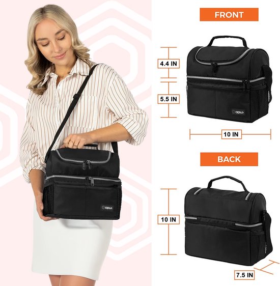 Lunchtas voor Dames & Heren - Geïsoleerde Grote Lunchbag voor Werk - Dubbellaags Lunchbox Maaltijdbereiding - Lekvrij Dual Vak Koeltas - Zacht Lunch Tote voor Jongens, Meisjes, School - Zwart - 16 Blikjes - 1 Stuk — afbeelding 3
