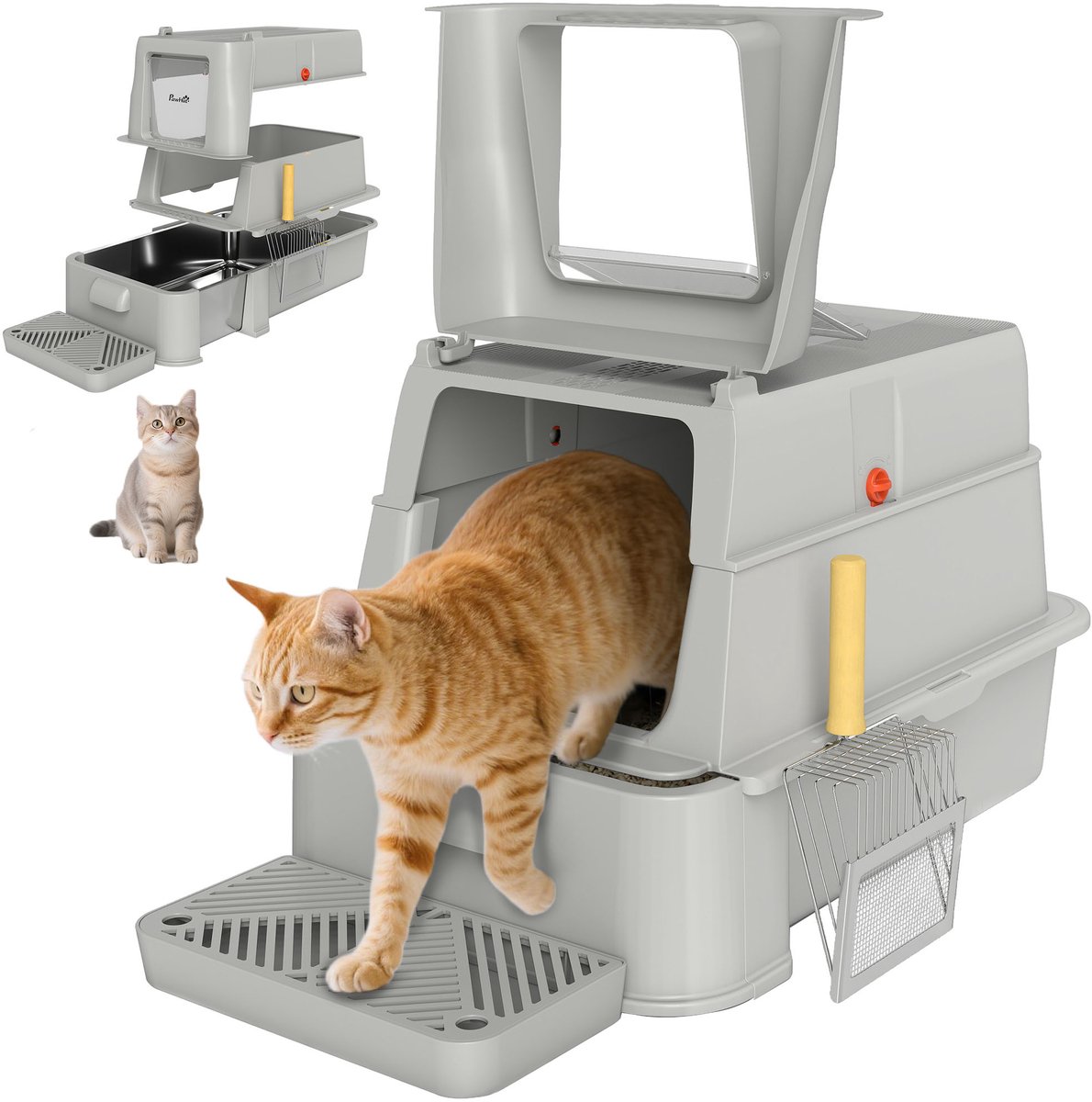 Roestvrijstalen Kattenbak XL met Deksel - 180° Klapdeksel - Hoge Randen - Inclusief Uitlooprooster & Schepje - Geurvrij & Lekvrij - Lichtgrijs
