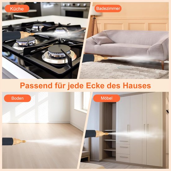 Stoomreiniger toont reiniging in keuken, badkamer, vloer en meubels. "Passend für jede Ecke des Hauses".