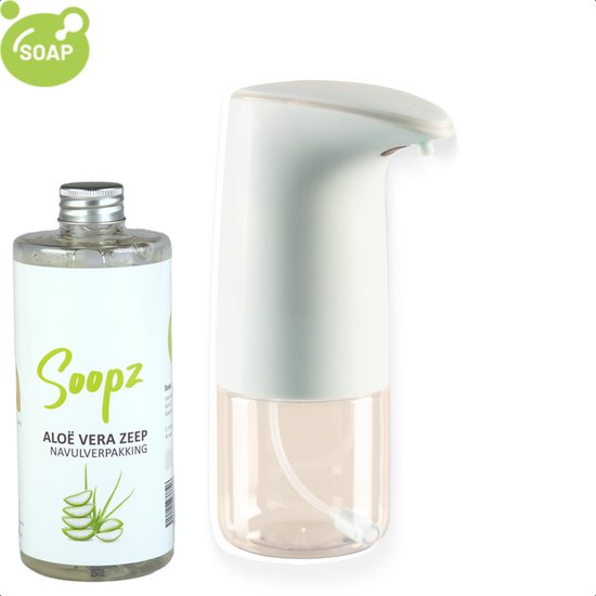 Witte automatische zeepdispenser met een navulverpakking Aloë Vera zeep van Soopz ernaast.