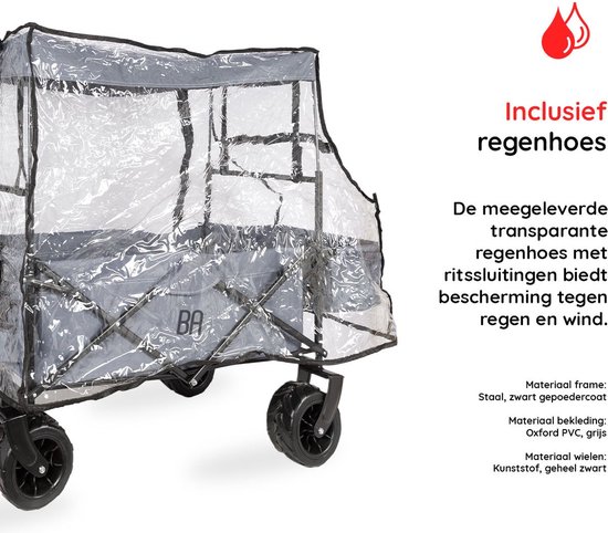 Best Active Bolderkar - Opvouwbare Handkar met Dak - 115 x 63 x 110 cm - Transportkar - 80 kg Draagvermogen - Verstelbare duw- en trekhandgreep - Inclusief Transparante Regenhoes met Ritssluitingen - Afneembaar Dak - Zwart/Grijs van Merkloos — afbeelding 2