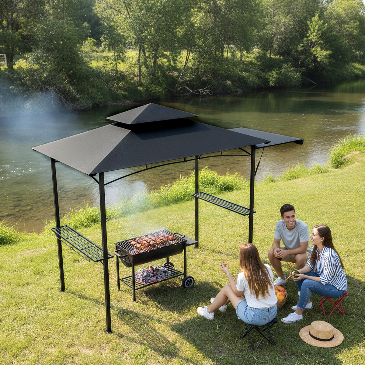 Froadp Barbecuepaviljoen met zijluifel Grijs barbecuepaviljoen met dubbel dak 245 x 141 cm voor in de tuin