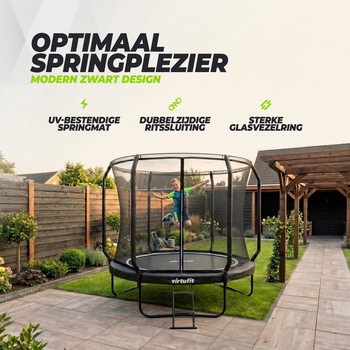 VirtuFit Premium Trampoline met Veiligheidsnet - Ø 251 cm Diameter - Incl. Beschermrand - Extra Veilig - Gratis trap - Water- en UV-bestendig - Max. 150 kg - Voor Kinderen en Volwassenen - Zwart — afbeelding 14