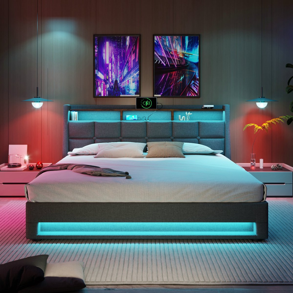 VVBV Tweepersoonsbed 180x200 / Gestoffeerd bed – met LED-Verlichting, USB, Lattenbodem – Tienerbed – Linnen – Grijs – Zonder Matras