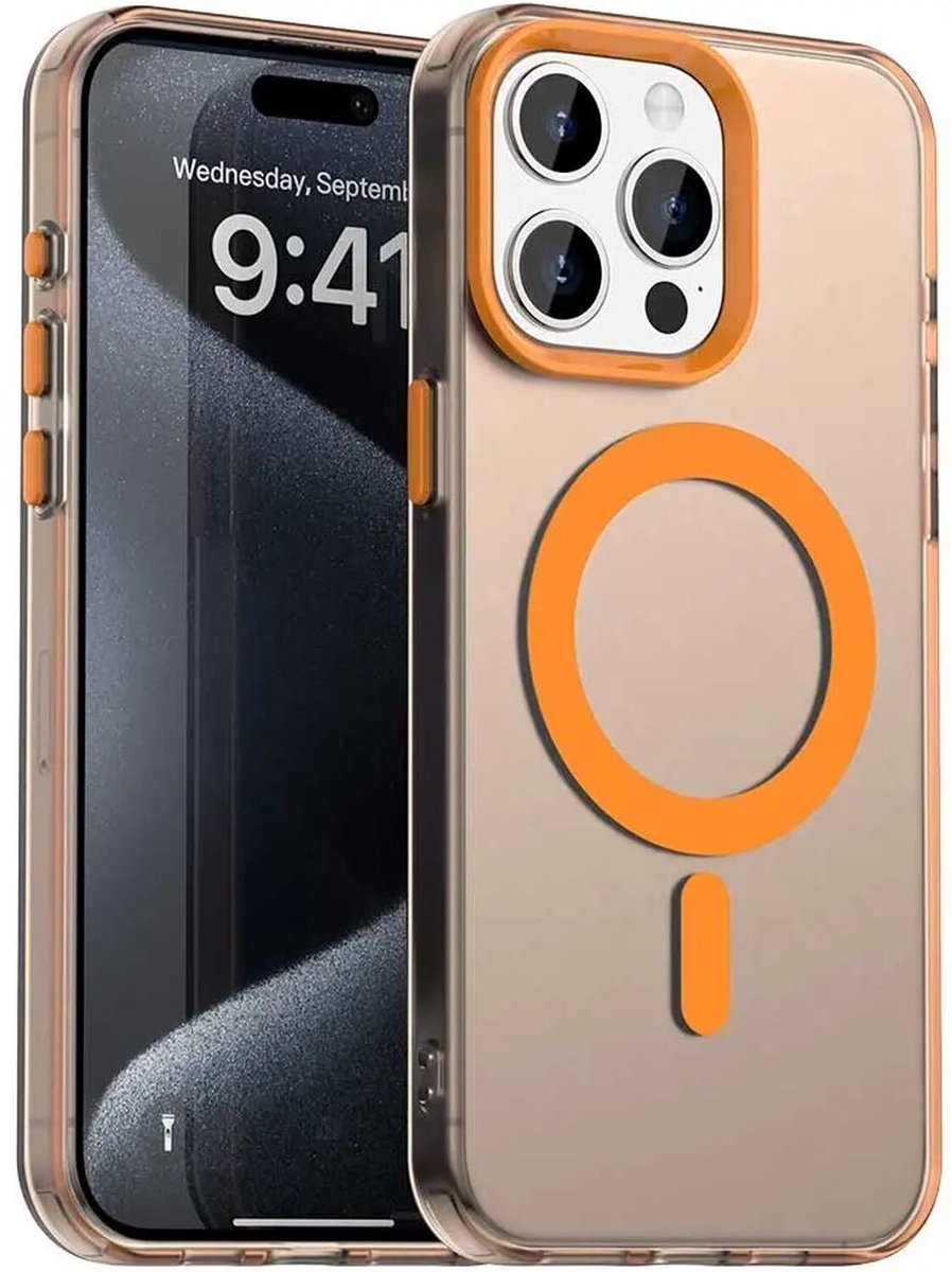 MagSafe Compatibel Backcover Hoesje Geschikt voor Apple iPhone 15 Pro - Oranje & Semi-Transparant Design - Stijlvol & Goede Bescherming