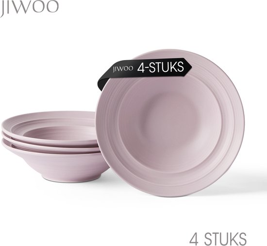 Stapel van lichtroze pastaborden met een bord met "JIWOO 4-STUKS" etiket.