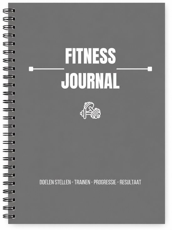 Grijze kaft van een fitness logboek met de tekst 'FITNESS JOURNAL' en een illustratie van dumbbells.