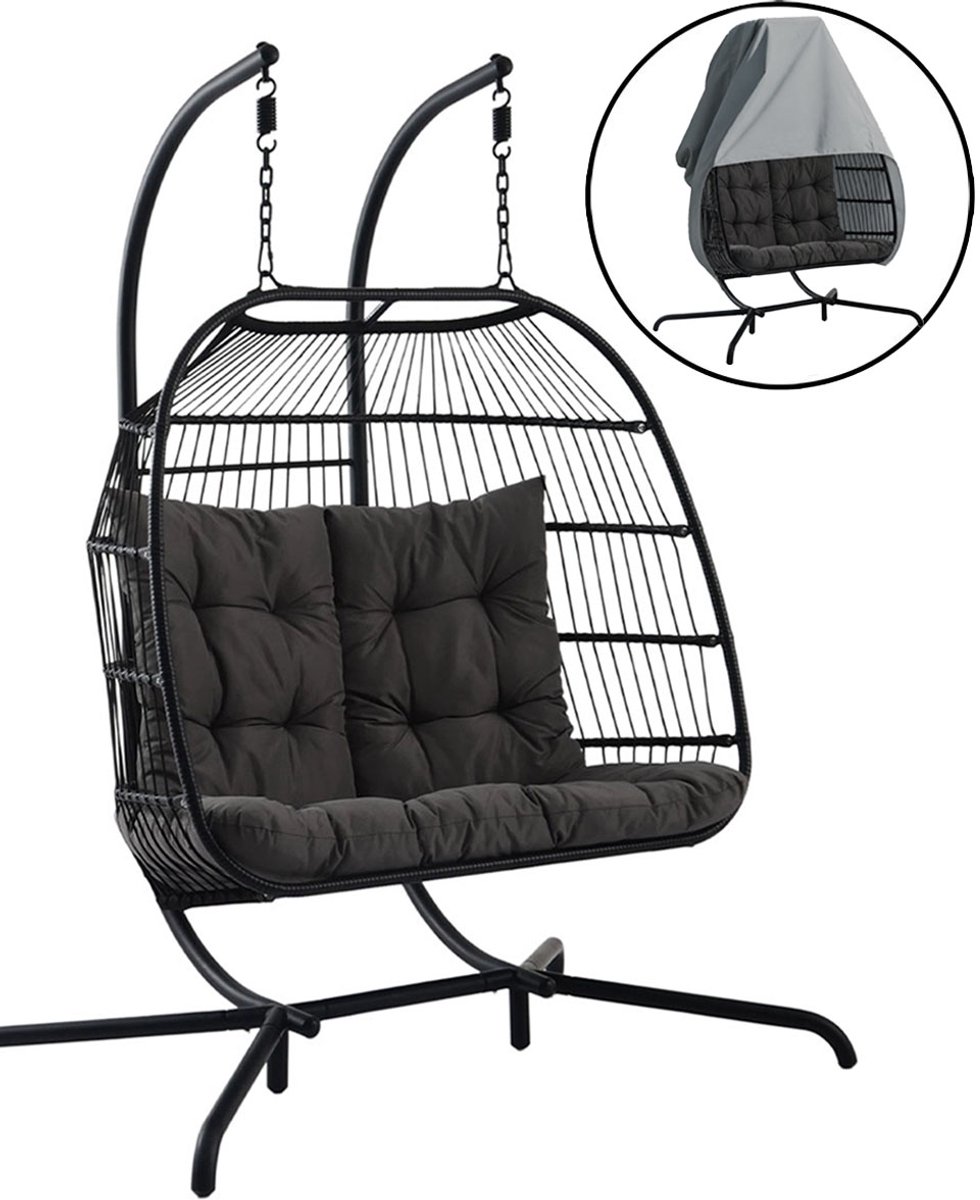 Hangstoel Breeze met Weerhoes – 2-Persoons Hangstoel met Standaard – Opvouwbare Egg Chair voor Balkon, Tuin en Terras – Comfortabele Schommelstoel met Kussens voor Binnen & Buiten