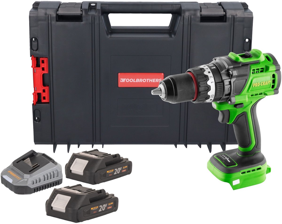 Procraft PA18ProBL-BB accu-klopboormachine 20 V 180 Nm borstelloos + 2x accu 2,0 Ah + oplader + RHINO gereedschapskoffer