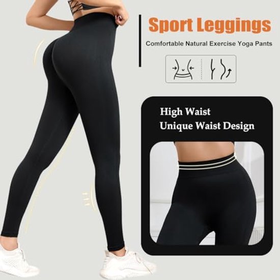 Sportlegging voor dames - hoge taille - ondoorzichtig - scrunch butt - push-up - elastische yogabroek - zwart - maat L van Merkloos — afbeelding 5