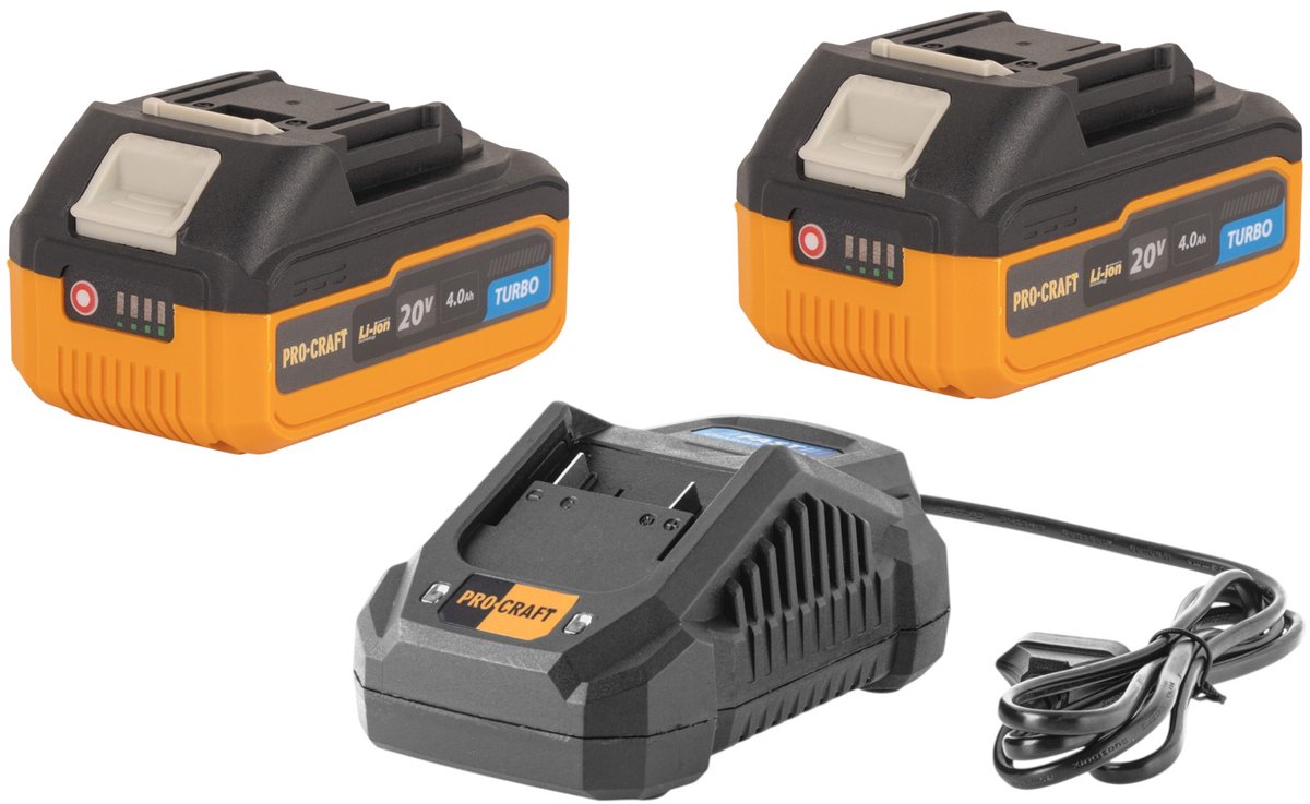 Procraft Starterset 20 V 20/4A snellader + 2x 20/4 Turbo accu 4,0 Ah