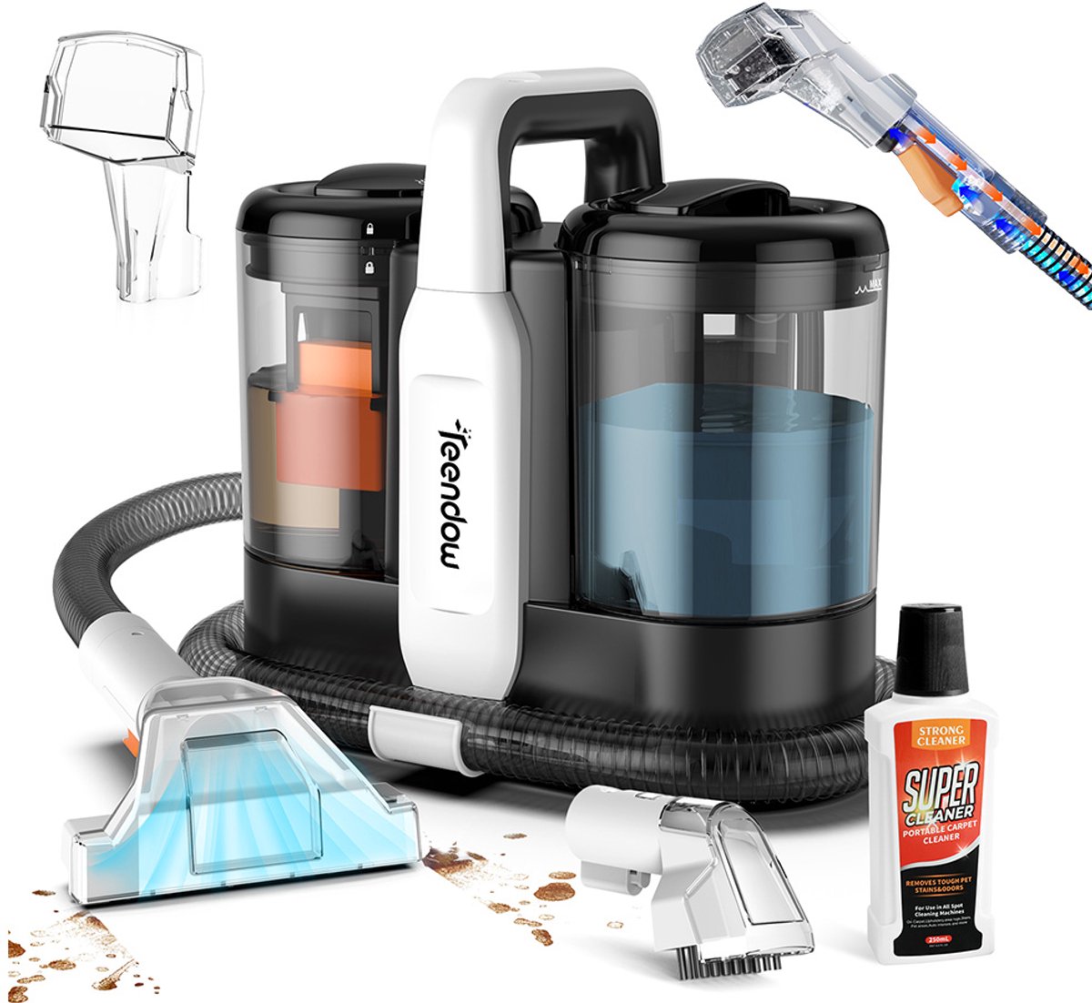 Teendow tapijtreiniger -Reinigingsmachine - Watertanksysteem - vlekkenreiniger - Stoffenreinigingsmachine - Draagbare Vlekkenreiniger voor Tapijt & Bank - Zwart - 1500ml +800ml - Met Aparte Watertanks