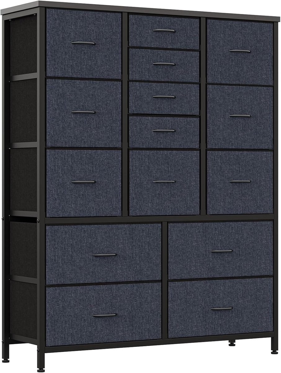 HOERFURIY Hoge Ladekast met 15 Stoffen Lades - Opbergkast met Metalen Frame en Houten Topblad - Ruimtebesparend - Voor Slaapkamer, Hal & Inloopkast Grijs