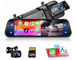 Achteruitkijkspiegel-dashcam - met draadloze Apple CarPlay- en Android Auto-functionaliteit - 9,66 inch - 4K-resolutie - IPS-touchscreen - dual-screen dashcam - Bluetooth + AHD-achteruitrijcamera - wifi - inclusief 32 GB SD-kaart