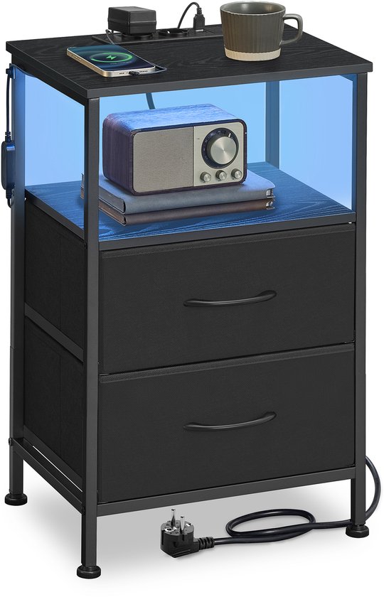 SONGMICS - Nachtkastje - Met LED-verlichting - 2 Lades en Open Vaks - Met Oplaadstation