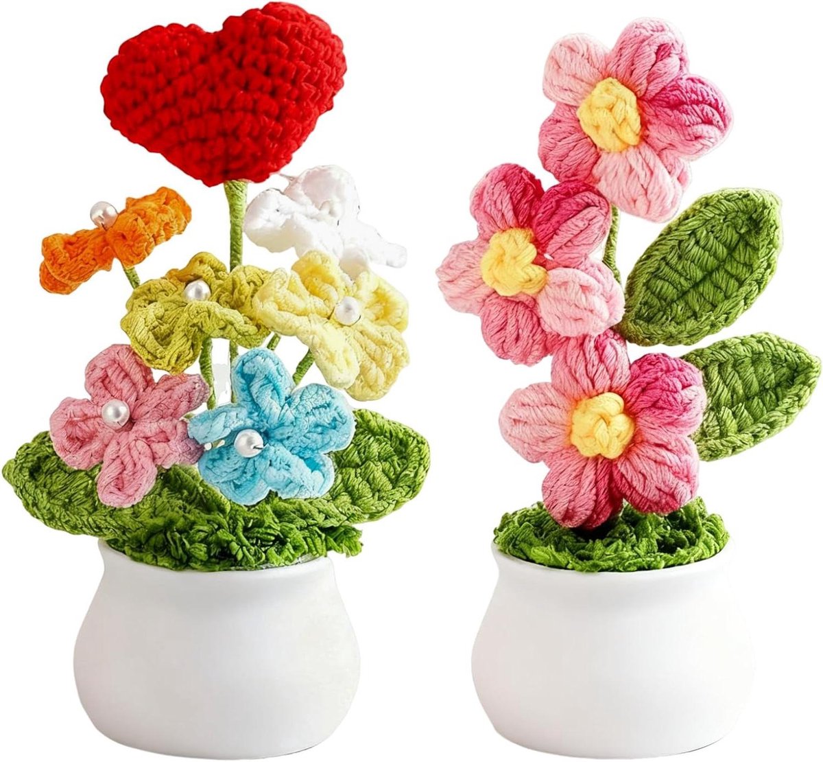 Gehaakt bloem boeket - Gebreide bloemen - Decoratie voor thuis - Handgemaakt met hartvorm - 2 stuks - Rood