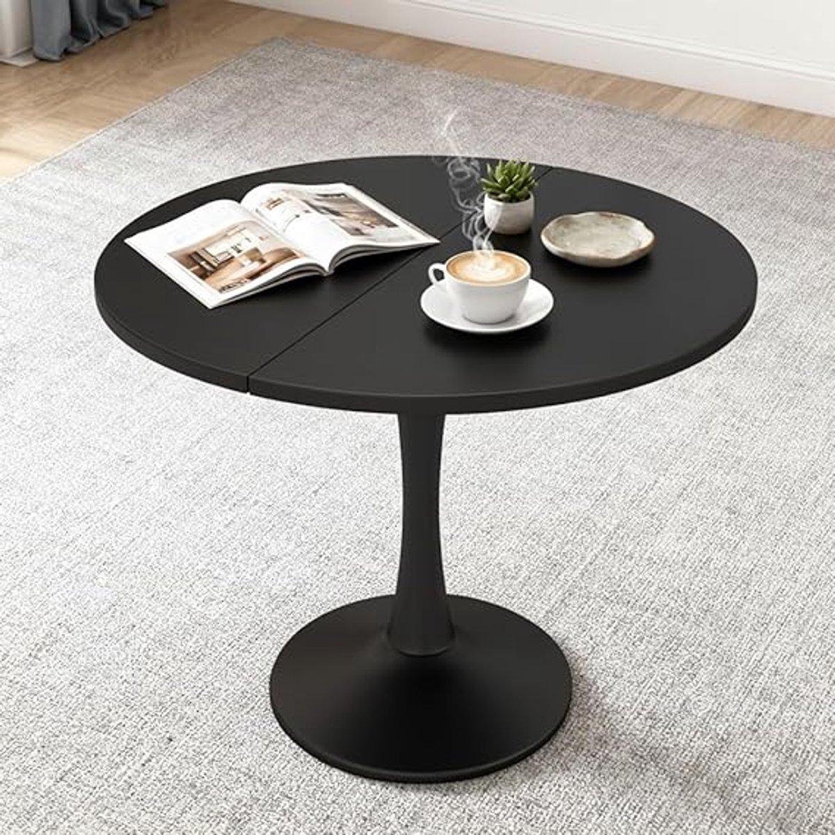 Uitschuifbare Ronde Eettafel 100–140 cm Zwart met Inklapfunctie voor 4-6 Personen – Moderne Ruimtebesparende Keukentafel 100 x 140 x 75 cm