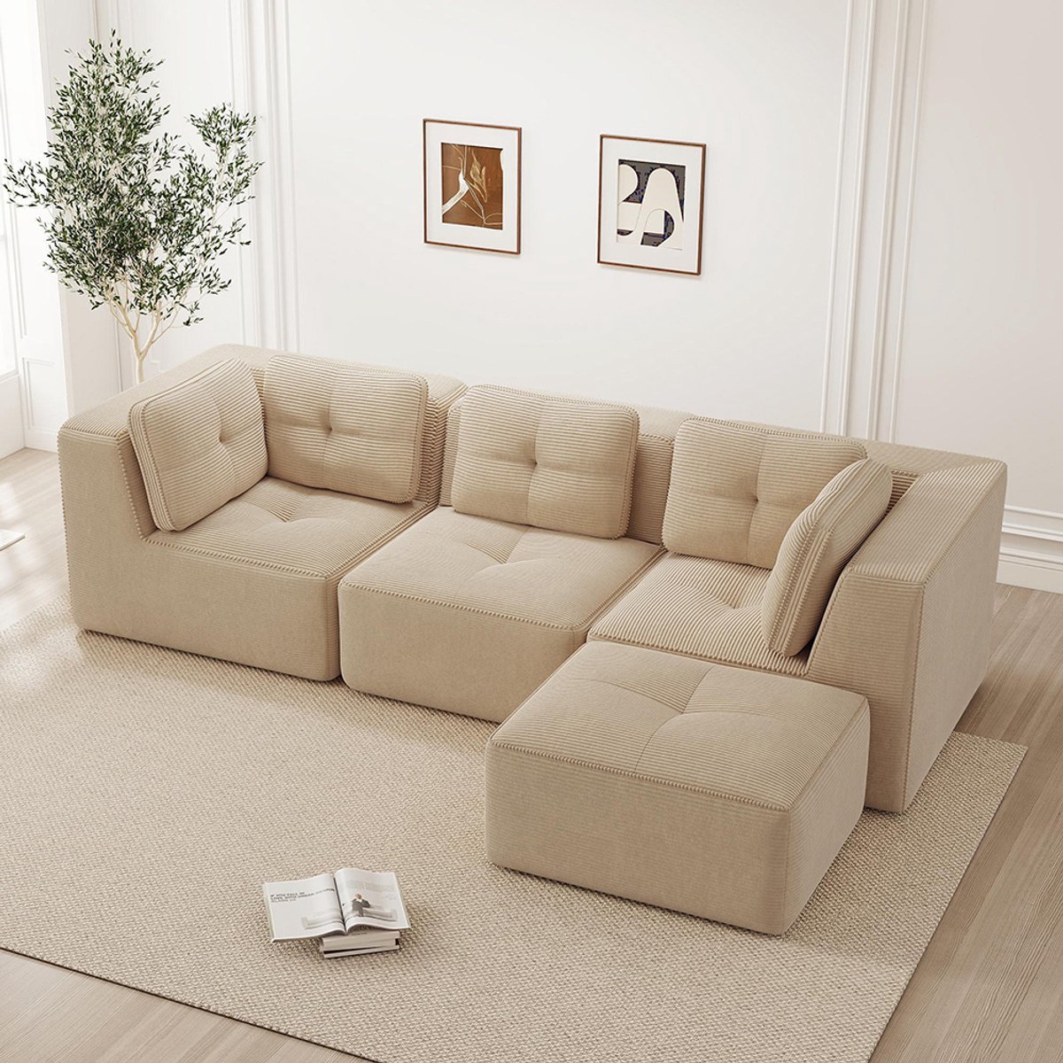 BLACKCOLORS L-vormige hoekbank zonder frame, modulaire hoekbank, hoekbank met chaise longue, modulaire bank met koordbekleding, driezitsbank met koordbekleding en diepe zitting voor de woonkamer, geen montage nodig, Beige
