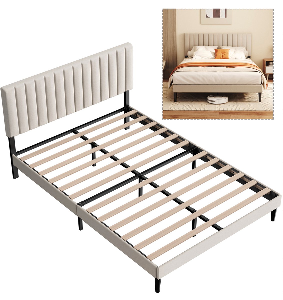 CECIPA KUTAS heavy duty metalen bedframe - tweepersoonsbed met lattenbodem -140x200 cm - Gestoffeerd bed - verstelbaar hoofdeinde - Opbergruimte Onder Bed - Stevig - Stil - Anti Slip - Grijs Beige (geen matras)