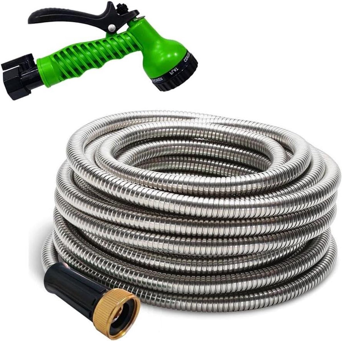 Metalen Tuinslang - Waterslang Roestvrijstaal - Buiten Reinigen - Knikvrij en Lekbestendig - 15 Meter - Zilverkleurig