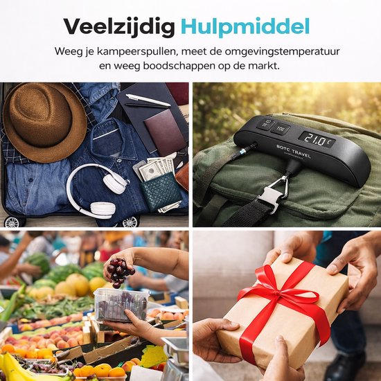 Collage: inpakken van kleding, witte koptelefoon, paspoort, geld, bagageweegschaal met 21.0°C, fruitkraam, cadeau met strik.