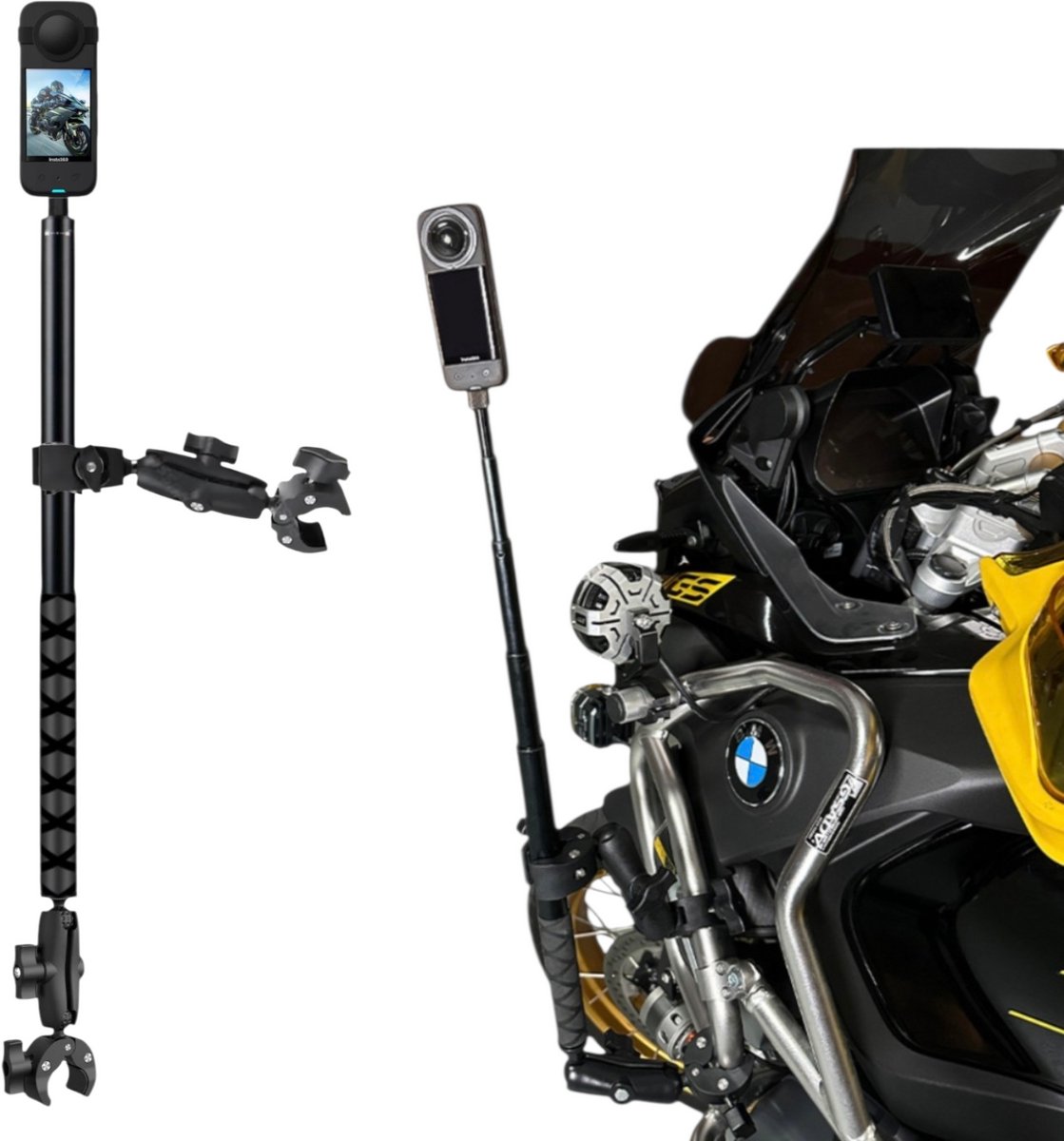 Motor Mount 4 Insta360 Dubbele bevestiging - Onzichtbare Selfie Stick 2 Meter - Aluminium - Klem Mount - Motor bundle Voor Insta360 One X4 - Insta360 one X5 - Motorcycle set for Insta360 - Double mount - Pro Motor kit - FPV -Insta360 One X5 X4 X3 X2