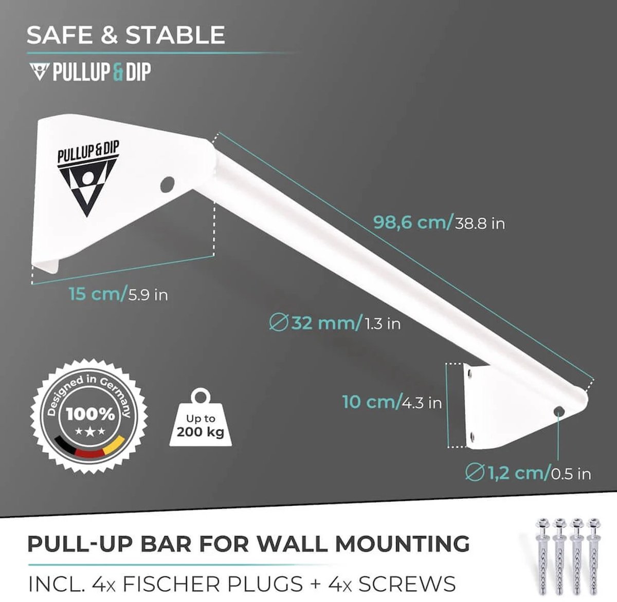 PULLUP & DIP Steel - Pull-up Stang Wandmontage - Compact Design (13 cm Afstand) - Voor Boven Deurkozijnen - Mat Wit Gepoedercoat thumbnail 4