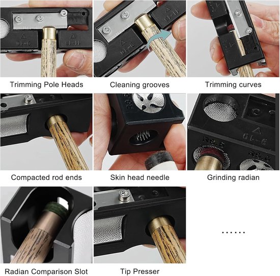8-in-1 Billiard Cue Repair Tool - Multifunctionele Billiard Tip Tool - Accessoires voor Billiard Cue Trimmer Burnisher Shaper Tapper Zwart — afbeelding 4