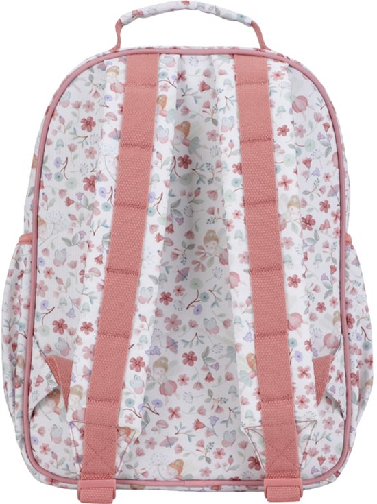Dos d'un sac à dos rose avec imprimé floral et de fées et bretelles roses.