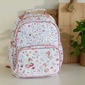 Sac à dos rose avec imprimé floral et de fées. Poche avant avec fées, coccinelle, abeille et libellule.