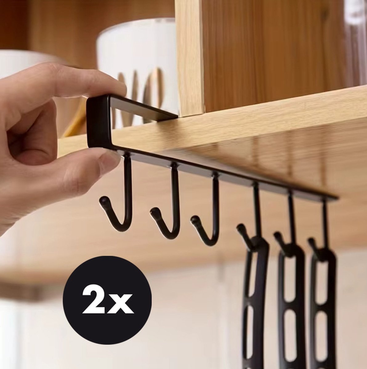 Actie4you®- 2 Stuks - Hangrek - rails - bekerrek - Mokkenrek - kopjesrek - Bekerhaak - kledingrek - ophangrek -keukengerei - keuken organizer – Zwart