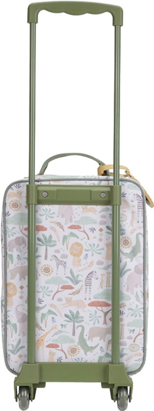 Kinderkoffer met safari-print, uitgeschoven hendel en wieltjes.