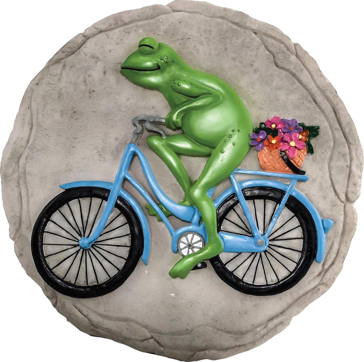 Decoratieve steen - Tuin accessoire - Tuin opfleuren - Handgeschilderd design - 24.5 cm diameter - Kikker op fiets