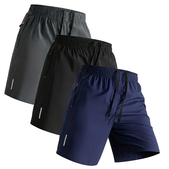 Short de sport homme gris noir bleu – short de fitness avec poches zippées – short d'entraînement respirant avec taille élastique et cordon de serrage – pantalon de sport pour la course, le fitness et l'entraînement – taille S – lot de 3
