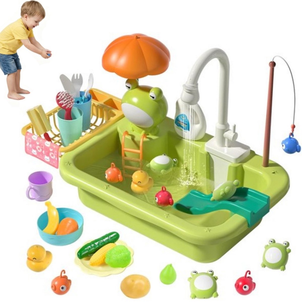 Speelwaterkeuken met Werkende Kraan & Stromend Water - Kinderspeelgoed met Accessoires, Vissen en Afwasfunctie - Educatief Waterspeelgoed voor Peuters