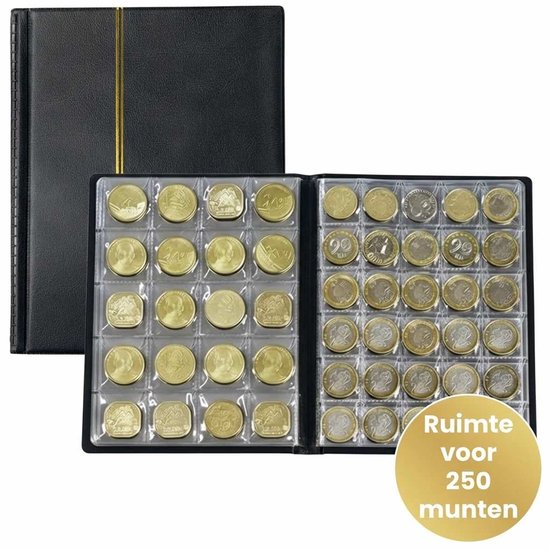 Zwart album met gouden bies, deels geopend en gevuld met munten. "Ruimte voor 250 munten" tekst.