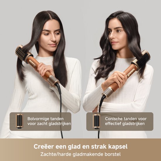 Deux femmes se coiffent avec l'appareil doré et marron. À gauche avec la brosse à dents rondes, à droite avec la brosse à dents coniques.