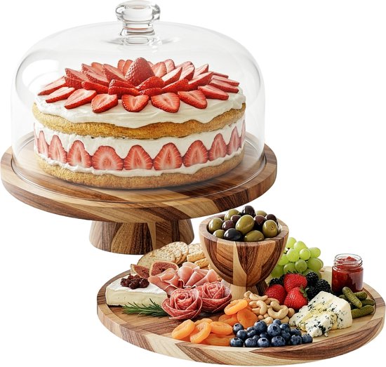 Borrelplank Tapasplank Taartplateau Serveerplank in 1 - Kaasplank Taartstolp Kaasstolp Hout met Voet en Stolp - Taartschaal Hapjesplank Rond met Deksel - Taart