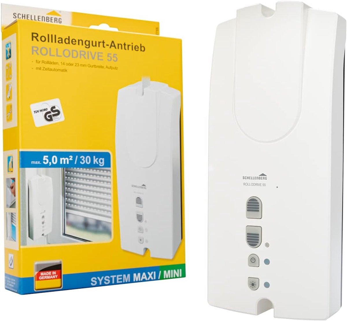 Schellenberg 22755 Elektrische opbouwbandoproller RolloDrive 55, aandrijving voor rolluiken tot 5 m² rolluikoppervlak, voor mini- en maxi-banden, maximale trekkracht 30 kg, aandrijving + timer, complete set