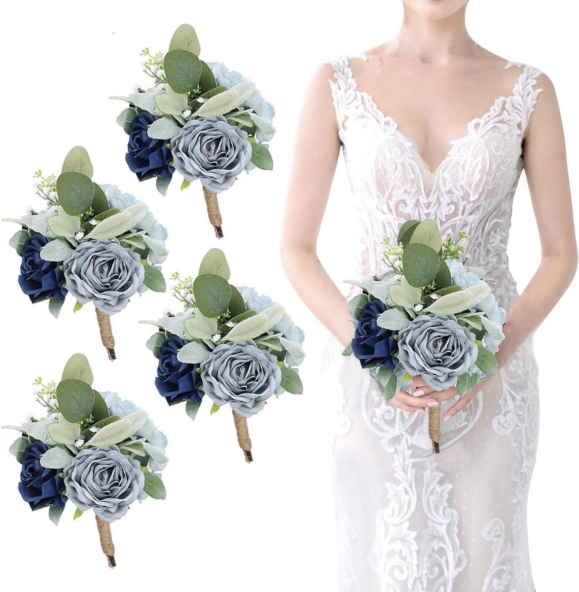 Kunstboeketten Bruiloft - Zijden Rozen - Feestelijke Decoratie - Handgemaakte Kwaliteit - Set van 4 - Blauw