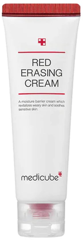 Witte tube met rode dop, "Red Erasing Cream" erop. "Medicube" onderaan. Geïsoleerd op een witte achtergrond.