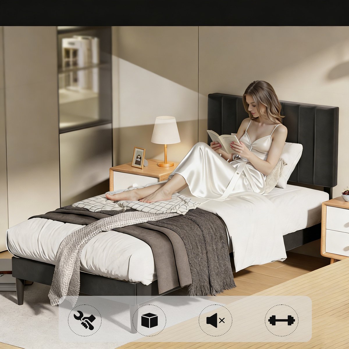 KUTAS Eenpersoonsbed 90x200 cm - Heavy Duty Metalen Bedframe - Gestoffeerd Bed - Met Hoogte Verstelbaa Hoofdbord en Lattenbodem - Met Opbergruimte Onder Bed - Stevig - Stil - Anti Slip - Opbergruimte Onder Bed - Draagkracht 480 kg - Zwart