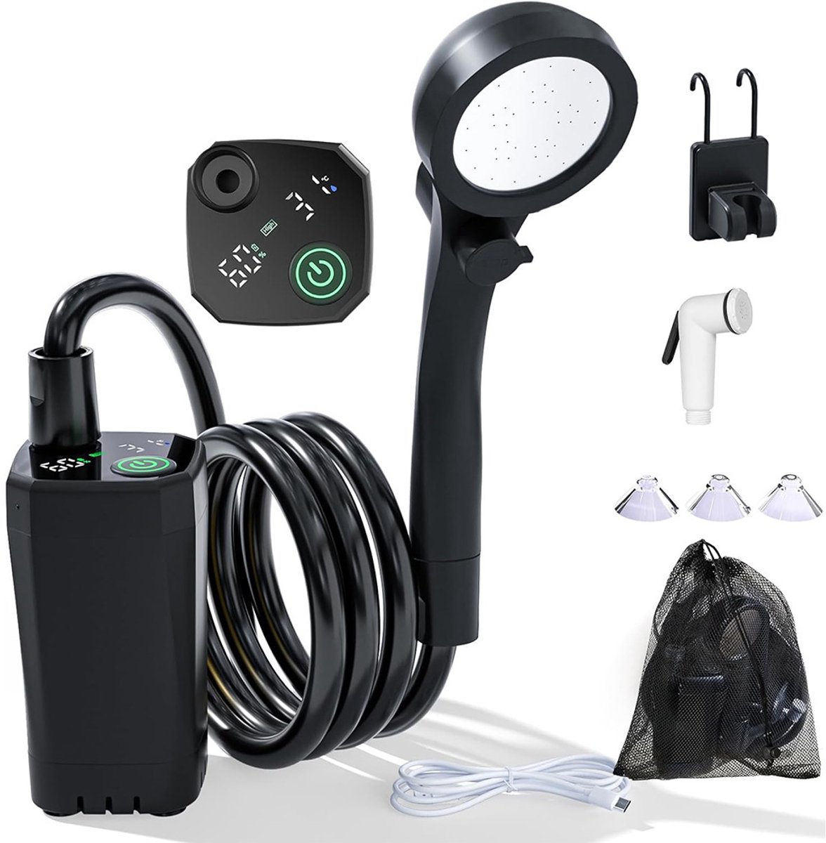 Draagbare Kampeer Douche - 6000mah Oplaadbare Douche - met Slim LED-Display - 3 Waterstraalmodi - IPX7 Waterdichte Outdoor Douchepomp - Camping Douche - Buitendouche - Tuindouche - Zwart